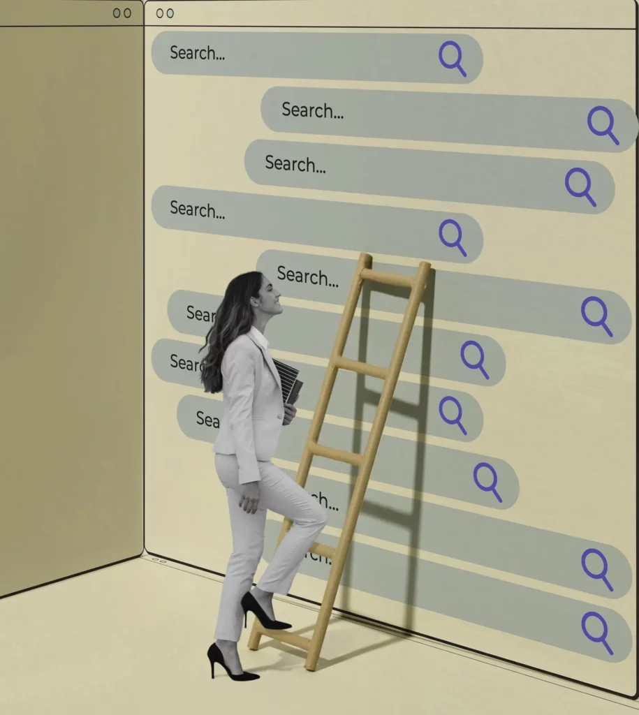 artistic-collage-woman-going-up-a-ladder-of-searches-local-seo-concept