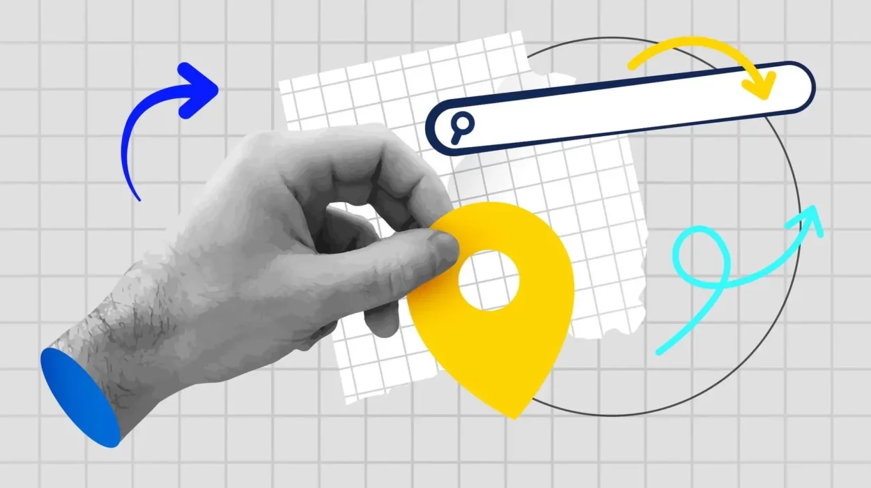 retro collage hand-holding map marker with search bar representing long-term impact of local SEO