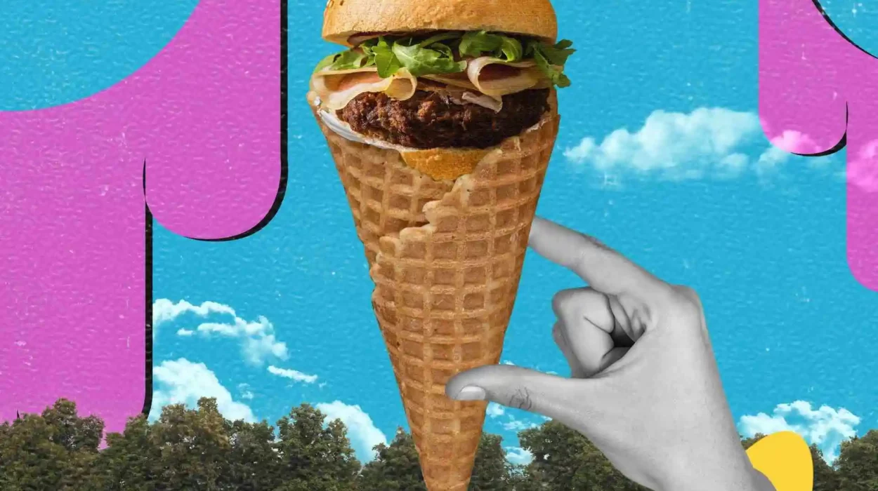 colorful and creative collage of a burger on an ice cream cone symbolizing creativity in restaurant marketing campaigns on nature background and a hand