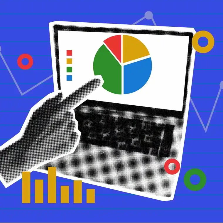 Data analytics concept with hand showing business data and performance graph in collage style