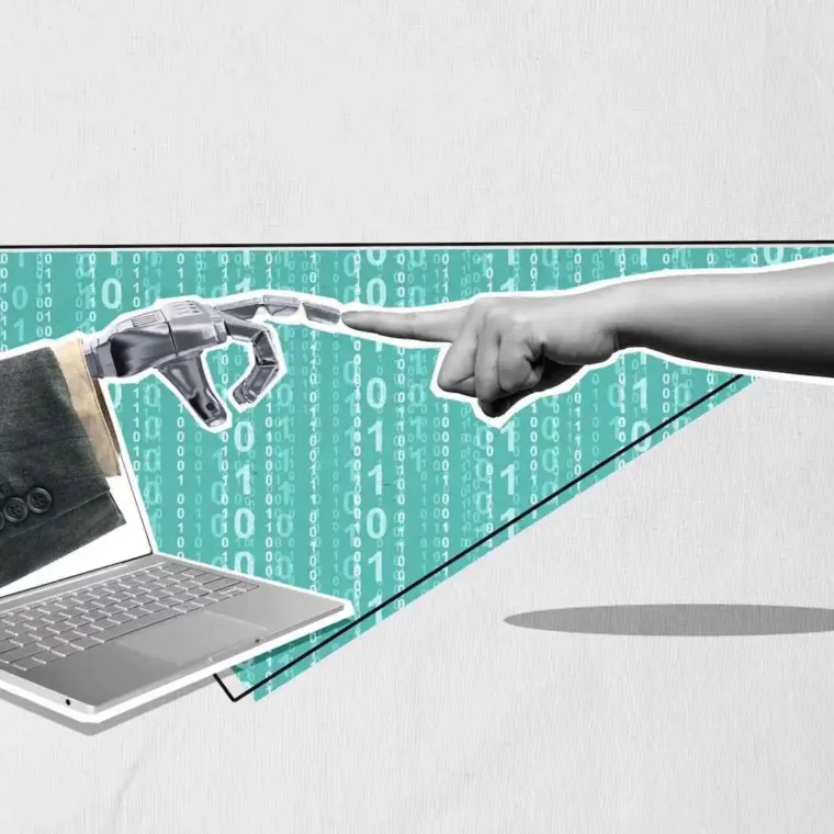 human index finger touching robot index finger coming out of a laptop inspired from the creation of Adam painting