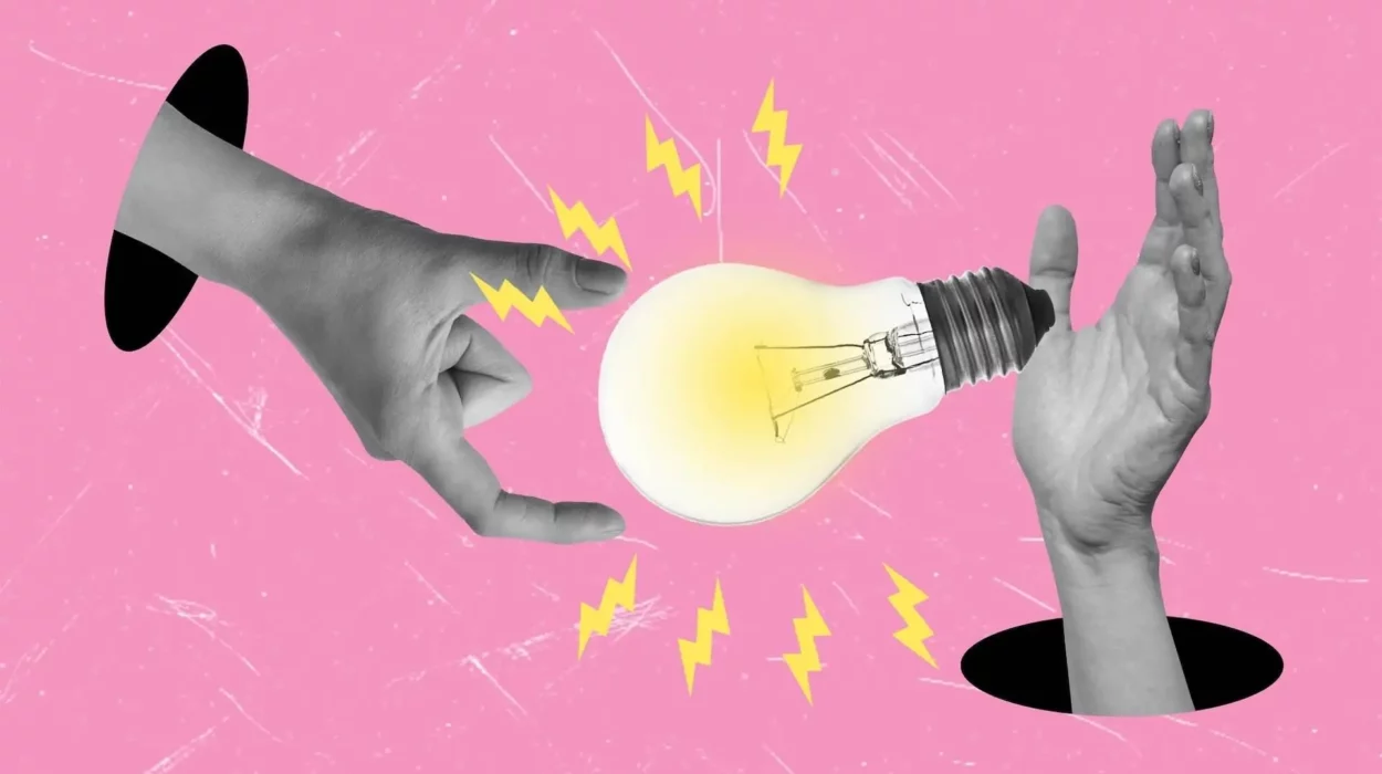 contemporary art collage artwork featuring hand light bulb pink background