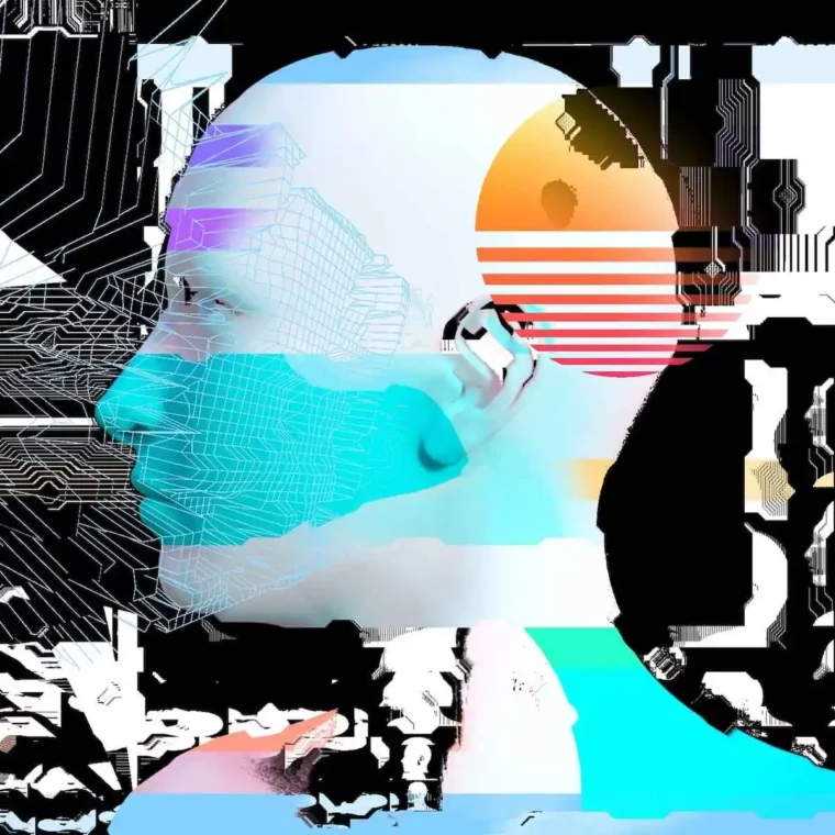 3D portrait of a human with glitch effect and cyberpunk style collage