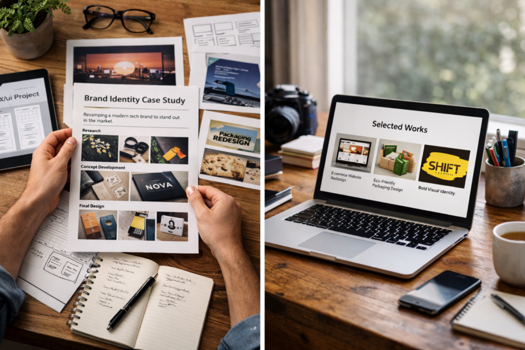 Designer reviewing a printed case study next to a laptop showing selected portfolio projects.