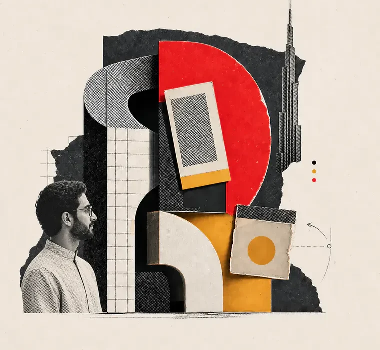 Editorial collage showing a Dubai creative professional looking toward a brand identity system assembled from a sculptural logo form, typography sheets, packaging fragments and a Burj Khalifa silhouette.