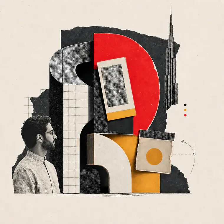 Editorial collage showing a Dubai creative professional looking toward a brand identity system assembled from a sculptural logo form, typography sheets, packaging fragments and a Burj Khalifa silhouette.