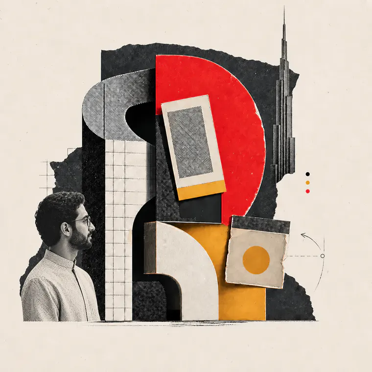 Editorial collage showing a Dubai creative professional looking toward a brand identity system assembled from a sculptural logo form, typography sheets, packaging fragments and a Burj Khalifa silhouette.