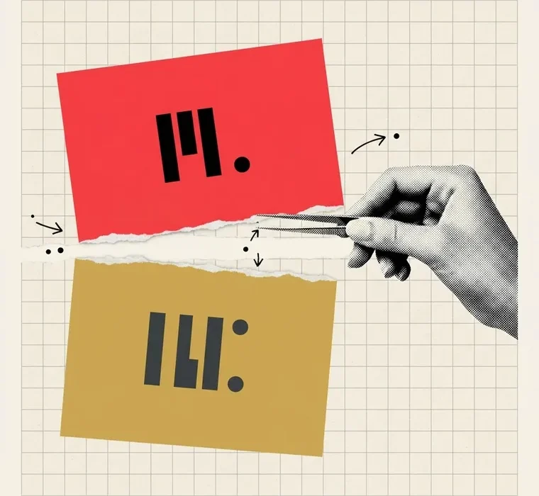 A collage illustration of a hand separating red and mustard page panels to represent distinct Arabic and English landing-page journeys